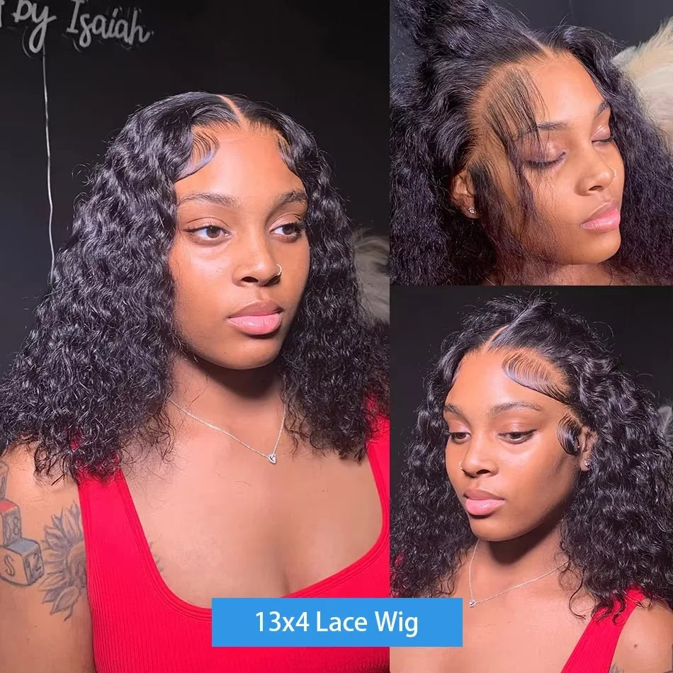 Brazilian 100% Human Deep Curly Bob Hair Wigs Natural Black Color Deep Wave HD Lace Front Part 13x4 Transparent Lace Wigs