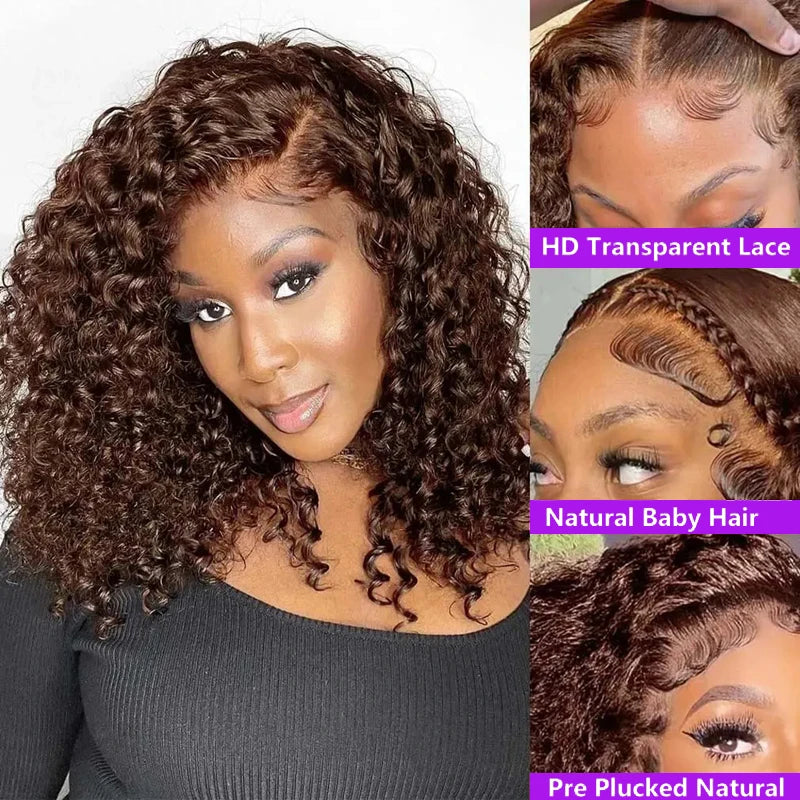 Deep Curly Chocolate Brown 200% Density Bob Wig Wet And Water Wavy Pre Plucked Virgin Hair 13x4 Lace Frontal Human Hair Wigs #4