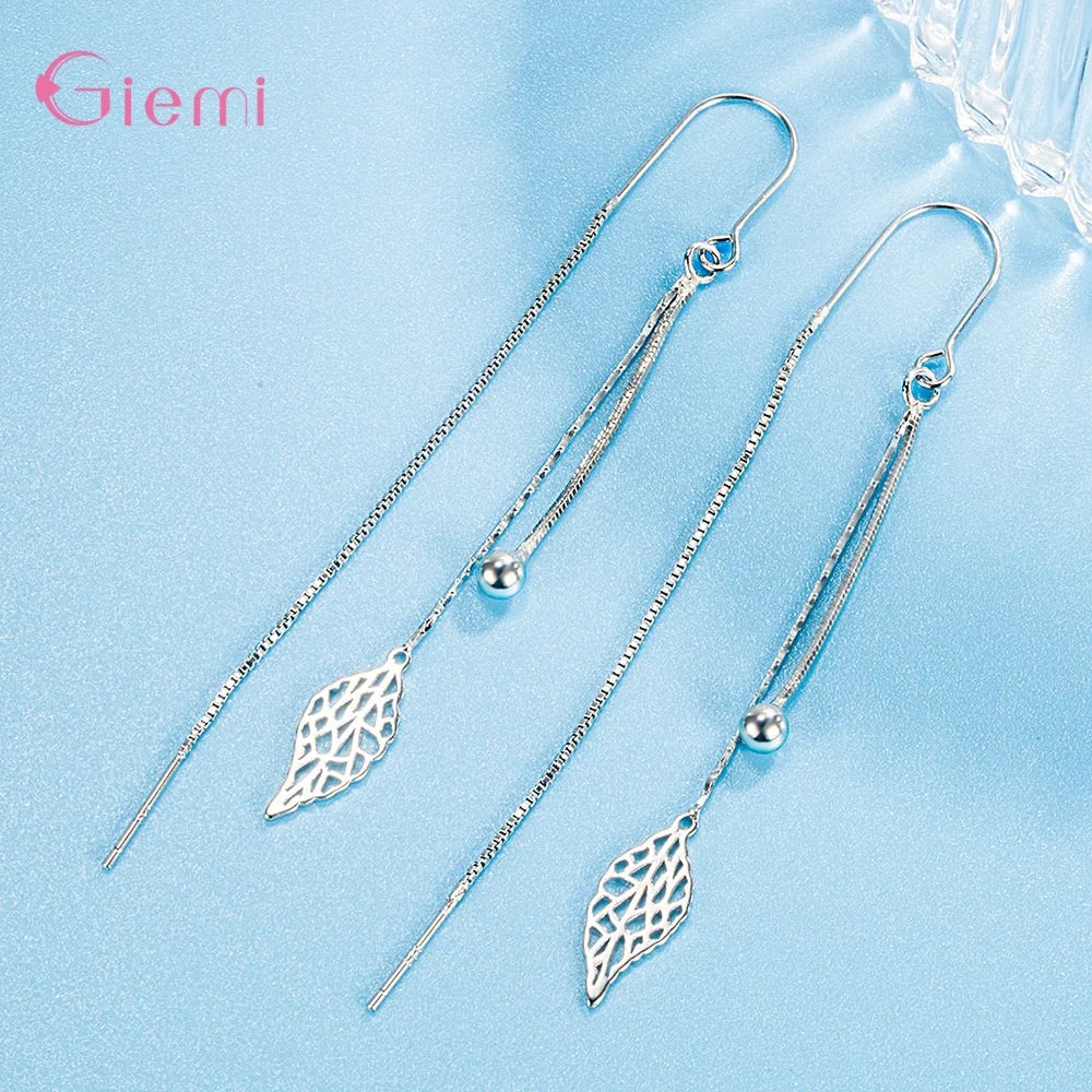 925 Sterling Silver Earrings Fashion Jewelry Simple Hollow Leaf Tassel Long Box Chain Thread Pendientes Ear Decoration Ornaments