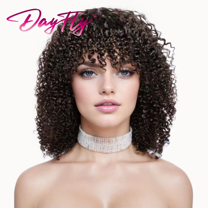 Human Hair Curly Wig With Bangs Natural Brazilian Hair Wigs For Women Short Curly Bob Wigs With Fringe 180% D Full Machine Wigs