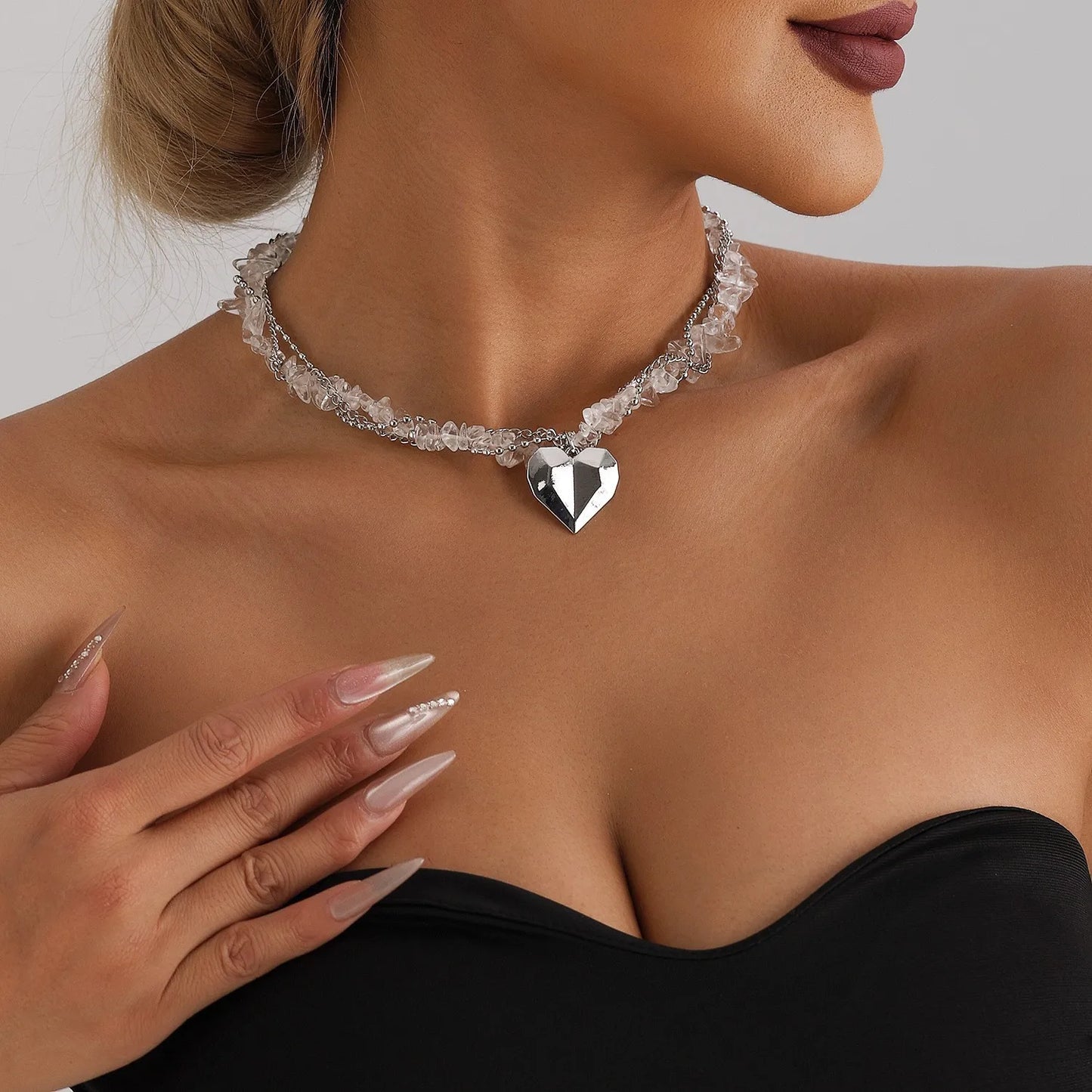 New Heart Beaded Necklace Bracelet Ring Women Boho Crystal Class Gravel Clavicle Chain Cool Y2K Choker Exquisite Fashion Jewelry