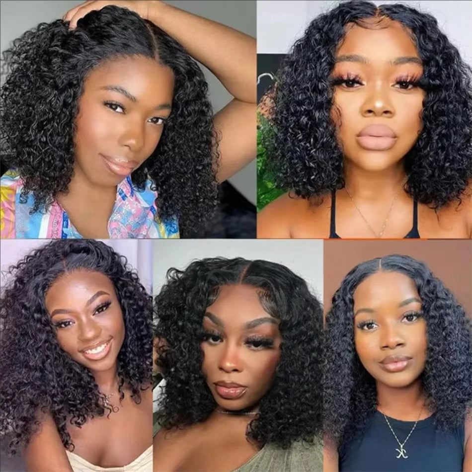 Brazilian 100% Human Deep Curly Bob Hair Wigs Natural Black Color Deep Wave HD Lace Front Wigs 13x4 Transparent Lace Frontal Wig