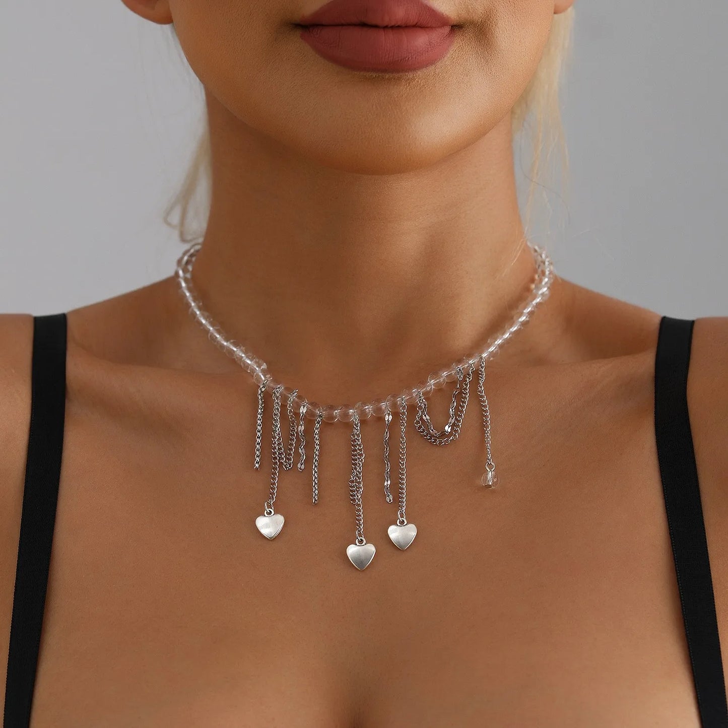 New Heart Beaded Necklace Bracelet Ring Women Boho Crystal Class Gravel Clavicle Chain Cool Y2K Choker Exquisite Fashion Jewelry