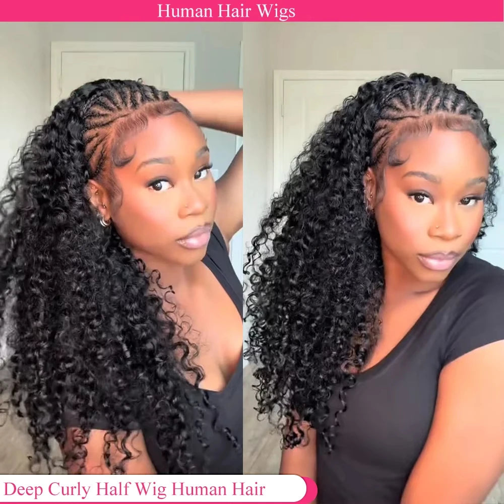 Kinky Curly Human Hair Wig 3 IN 1 Half Wigs Human Hair 250% Density Full Machine Made Clip-in With Drawstring Seamless