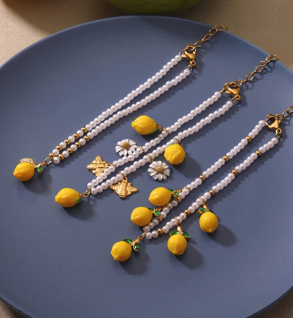 Handmade Beaded Necklace Matching Bracelet Earrings With Lemon Pendant Charms Shell Beads Necklaces Bracelets Earring For Women