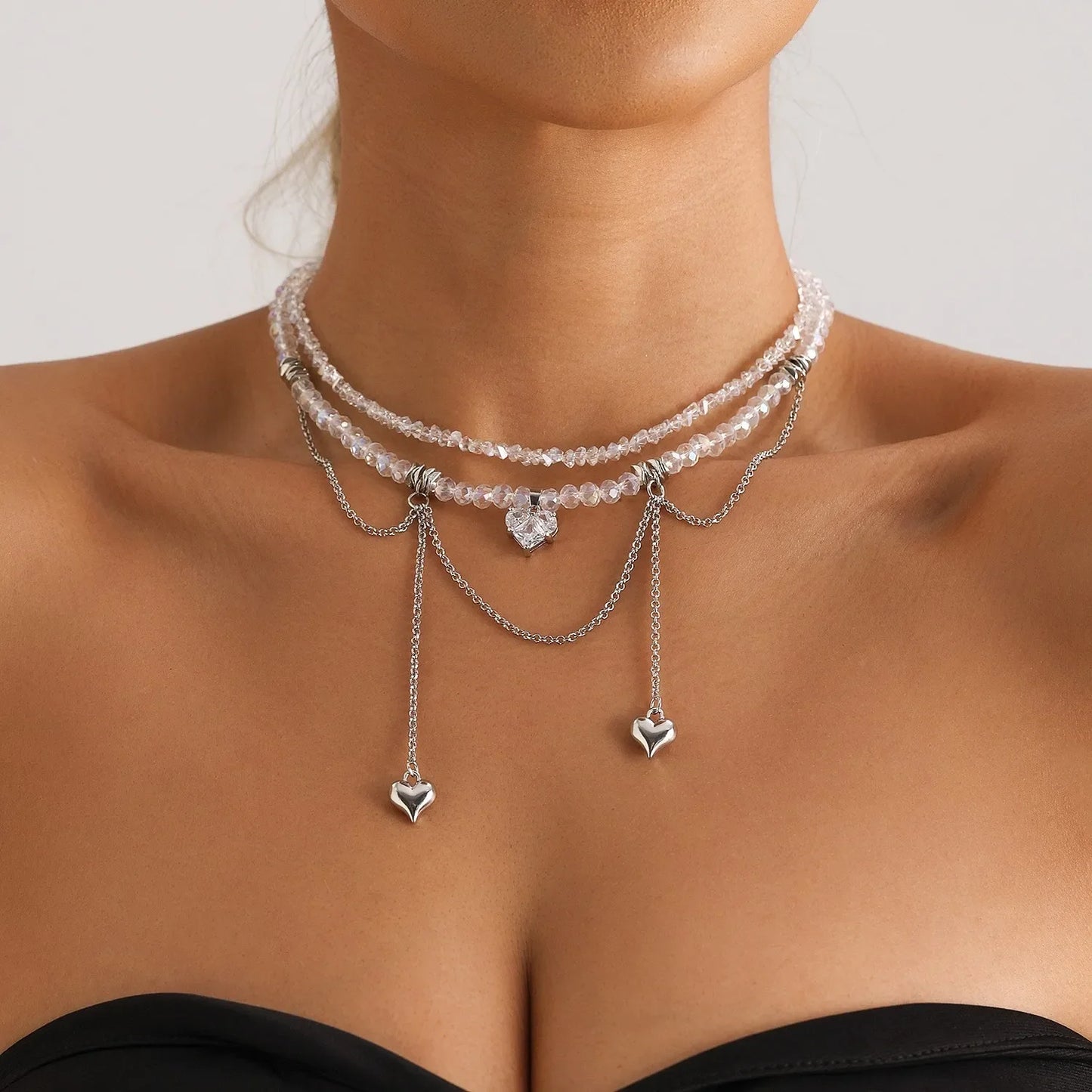 New Heart Beaded Necklace Bracelet Ring Women Boho Crystal Class Gravel Clavicle Chain Cool Y2K Choker Exquisite Fashion Jewelry