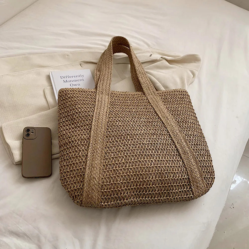 Hand-Woven Handbags Summer Ladies Woven Bag Fashion Handmade Simple Large Capacity with Tassel Pendant Shopping Handbag Tote