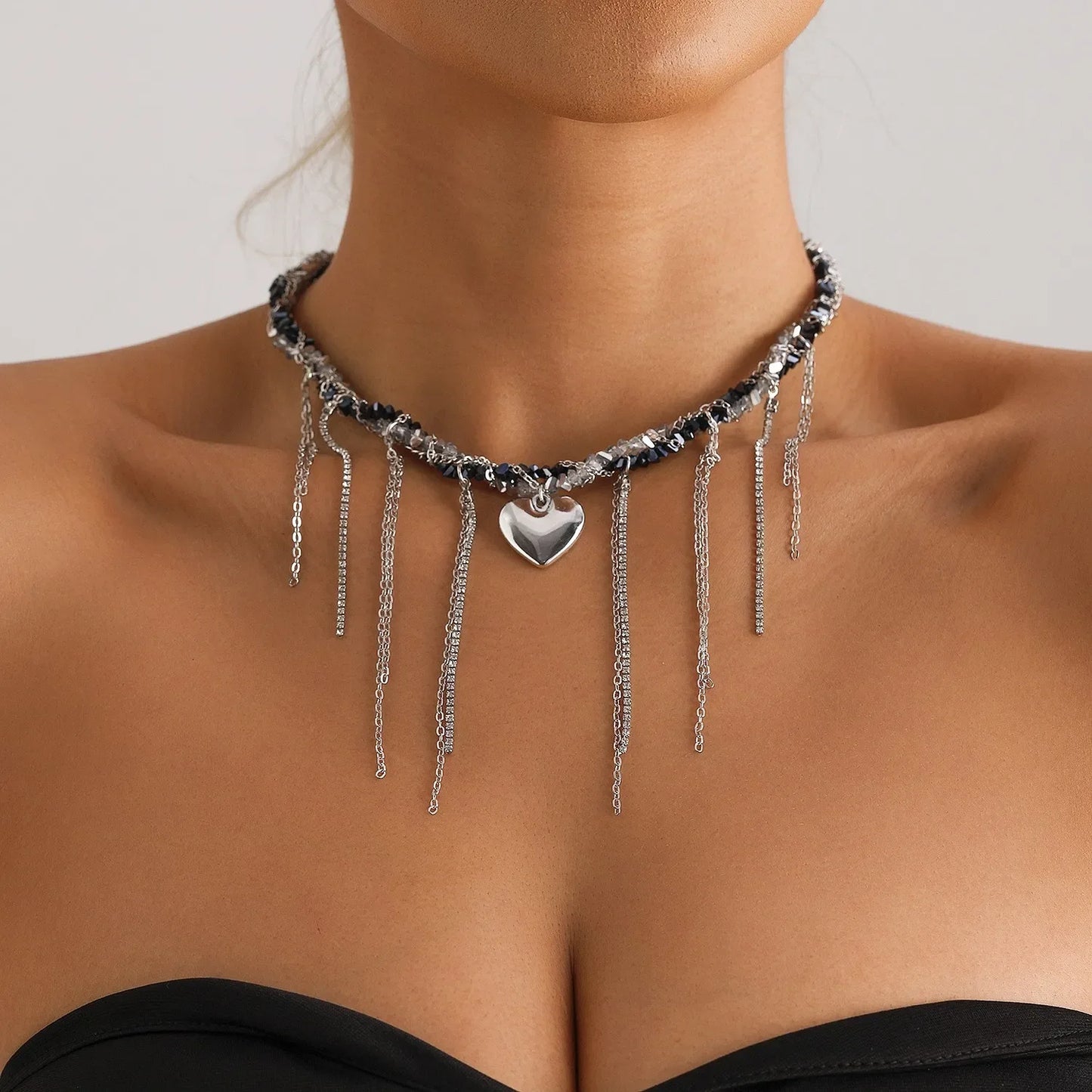 New Heart Beaded Necklace Bracelet Ring Women Boho Crystal Class Gravel Clavicle Chain Cool Y2K Choker Exquisite Fashion Jewelry