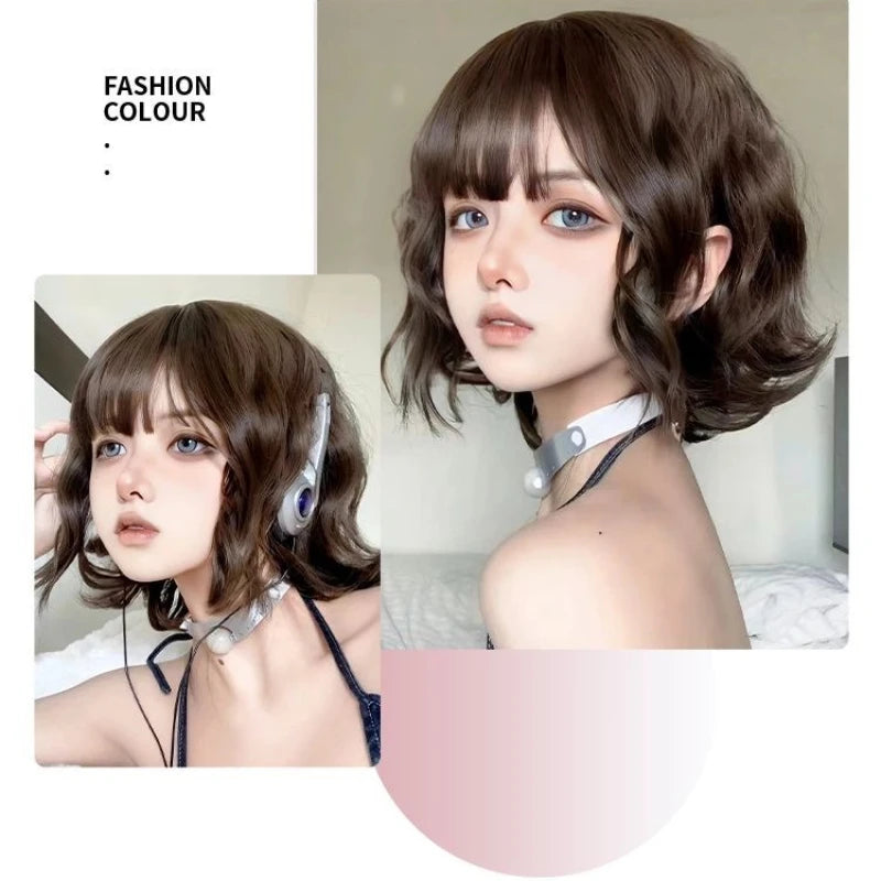 32m Synthetic Short Curly Hair Wig for Women Natural Wavy Wig with Air Bangs Fashionable Full Head Wig Cosplay Curly Hair Female