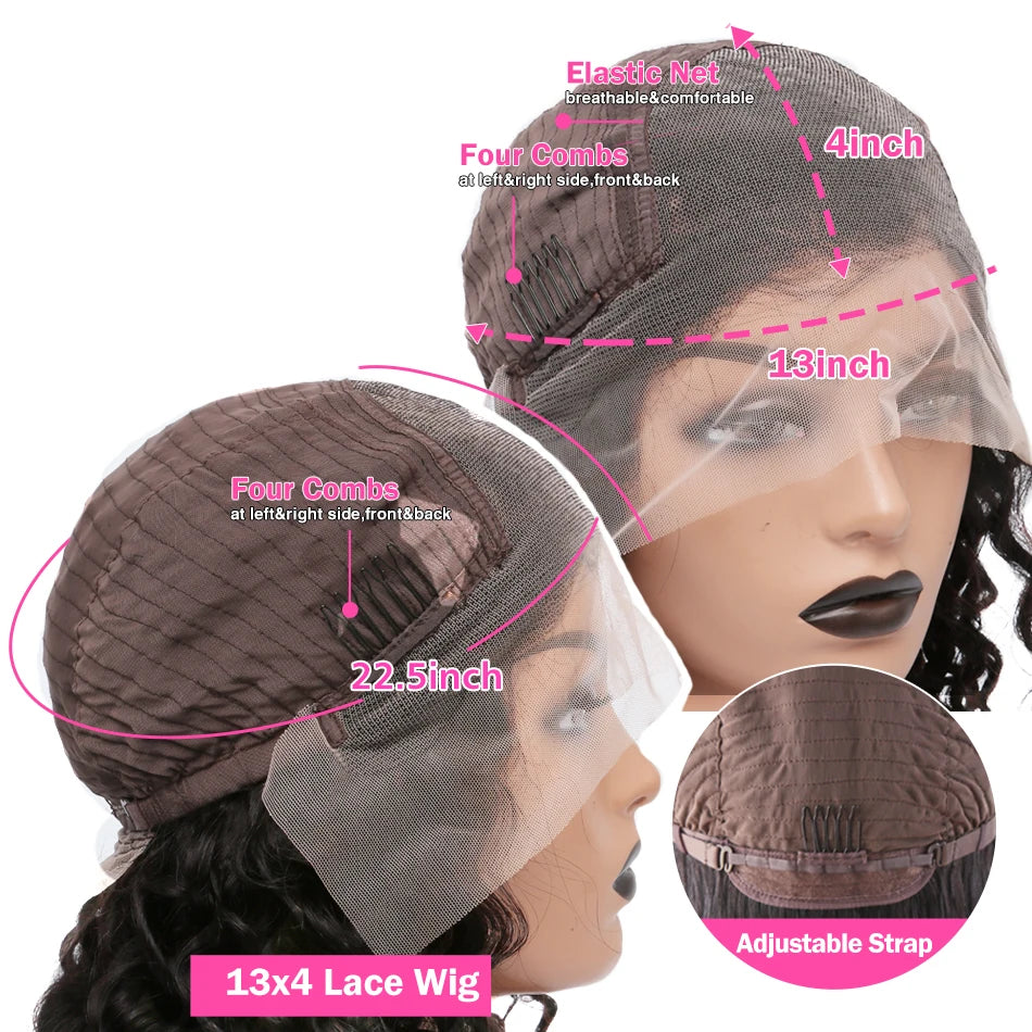 Brazilian 100% Human Deep Curly Bob Hair Wigs Natural Black Color Deep Wave HD Lace Front Wigs 13x4 Transparent Lace Frontal Wig