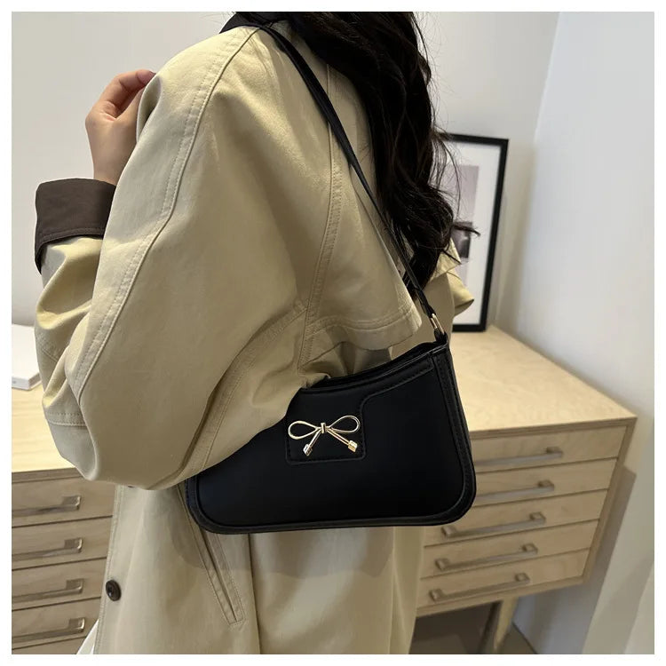 Chic Handbag Shoulder Bag for Women Elegant Underarm Purse with Golden-Tone Bow Detail, PU Material, Perfect for Everyday Use