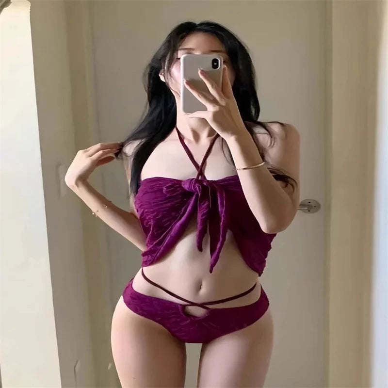 Women's Swimsuit 2025 New Elegant Purple White Sexy Bikini Three Piece Set for Vacation, Soaking in Hot Springs and Beach