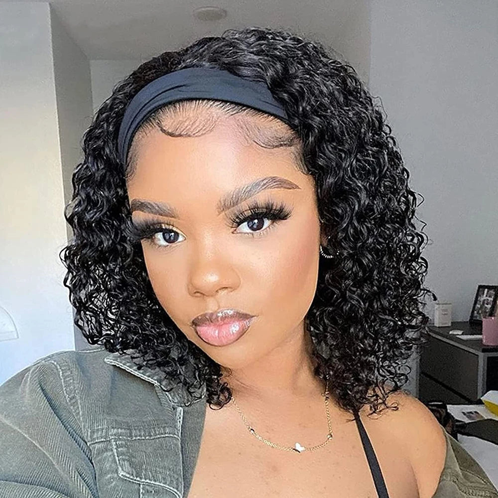 Human Hair Headband Wig Short Curly Human Hair Wigs Full Machine Made Indian Remy Human Hair Wigs For Black Women 180% Density