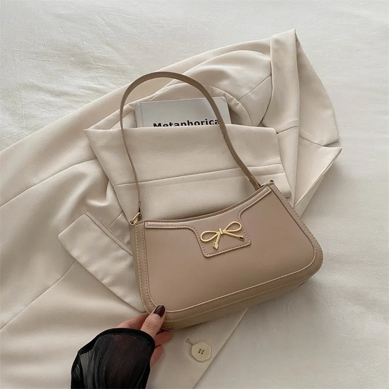 Chic Handbag Shoulder Bag for Women Elegant Underarm Purse with Golden-Tone Bow Detail, PU Material, Perfect for Everyday Use
