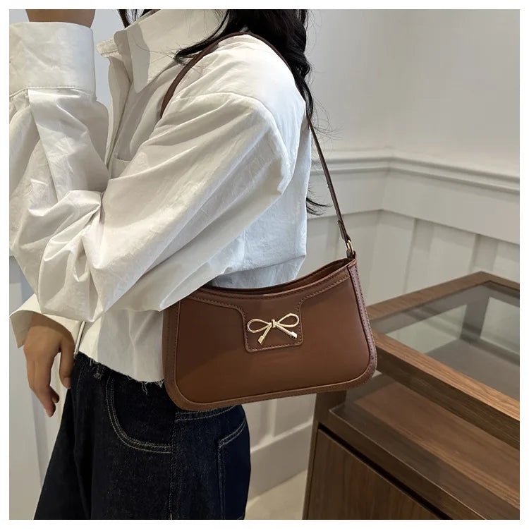 Chic Handbag Shoulder Bag for Women Elegant Underarm Purse with Golden-Tone Bow Detail, PU Material, Perfect for Everyday Use