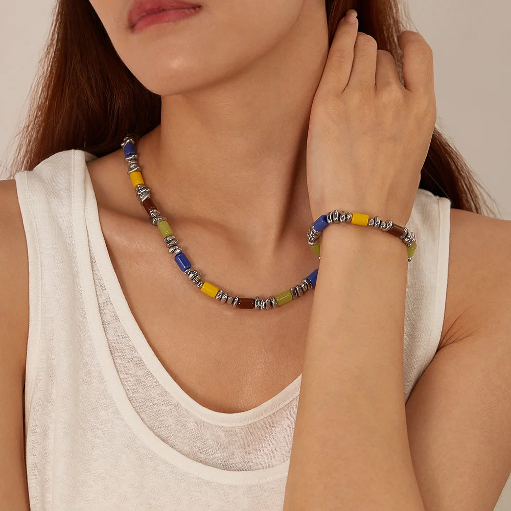 Necklaces and Bracelet Set for Women Beautiful Colorful Hand Chains Fashion Jewelry Stainless Steel Gold Color