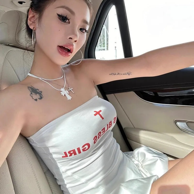 Oshfall European and American hot girls 2024 summer new sexy sleeveless letter print slim tube top sweet spicy women's top