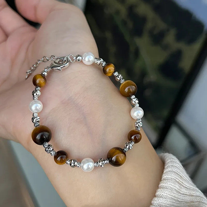 Stainless Steel Natural Tiger Eye Stone Bracelet For women Pearl Indian Style Necklaces and Bracelets Handmade Ethnic Jewel