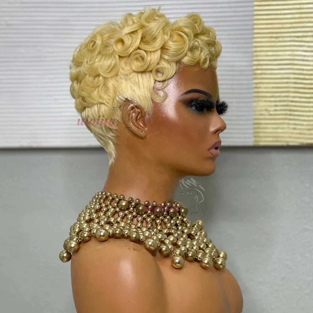 Deep Wave Wig Human Hair 613 Honey Blonde Short Pixie Cut Wig For Black Women Full Machine Made Curly Wigs Ginger Wig Human Hair