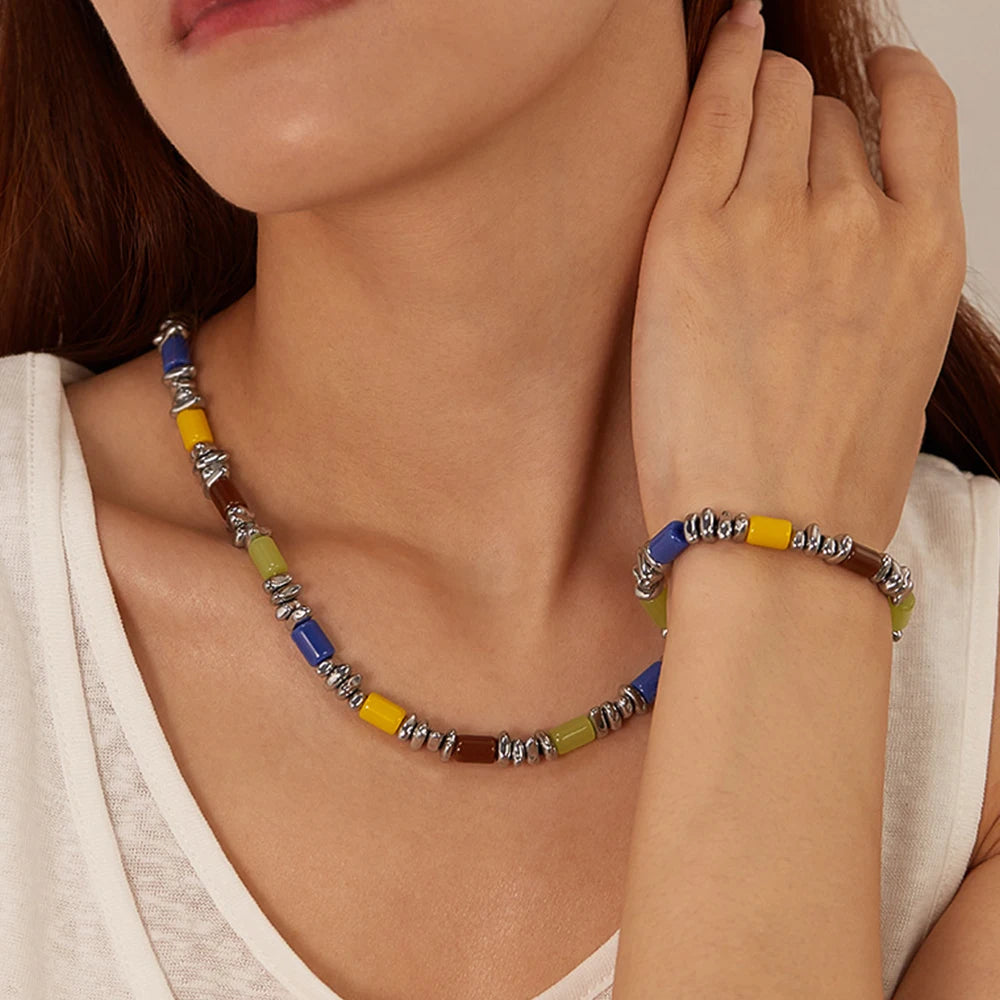Necklaces and Bracelet Set for Women Beautiful Colorful Hand Chains Fashion Jewelry Stainless Steel Gold Color