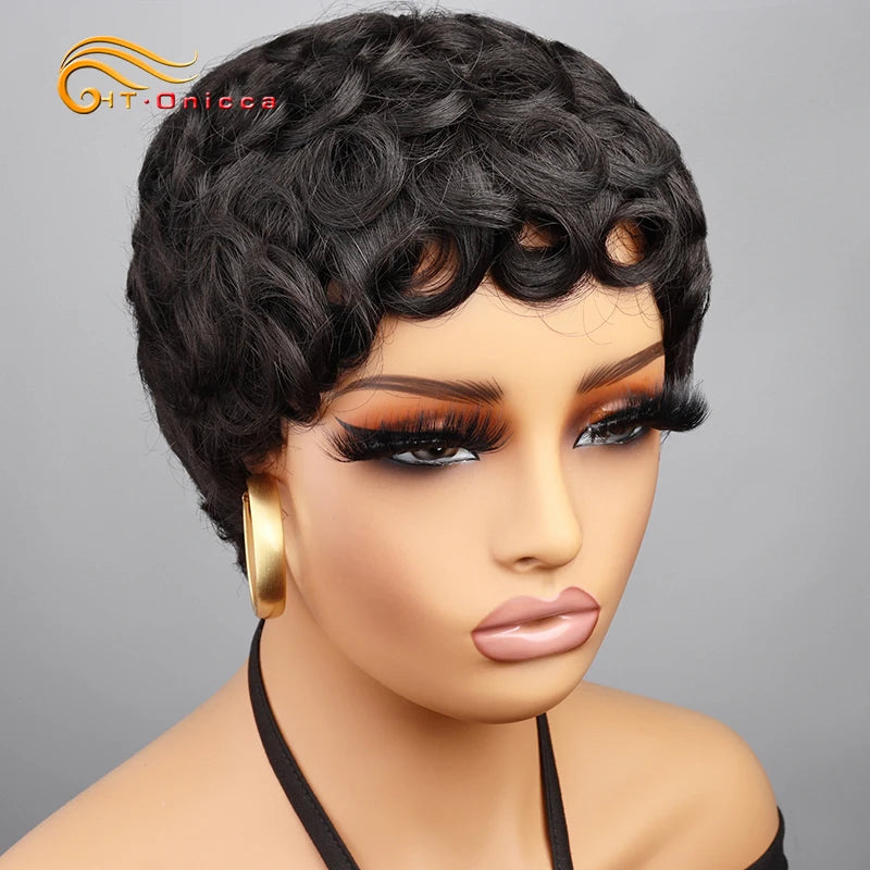 Curly 100% Human Hair Wigs Brazilian Remy Hair Pixie Cut Wigs Human Hair For Women Full Machine Made Wigs 150% Natural Color