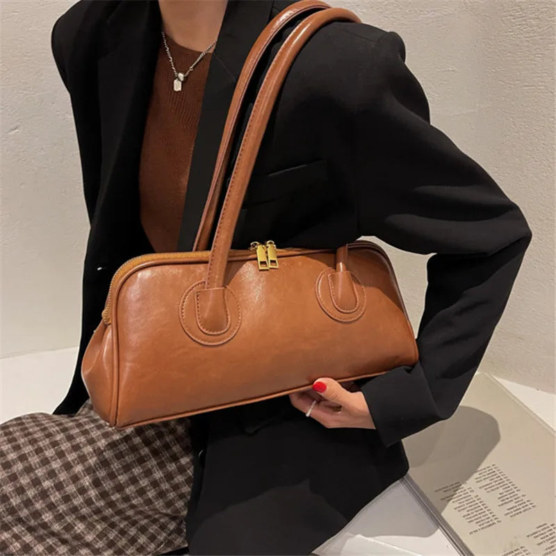 Classic Leather Handbag, Retro Simple Shoulder Underarm Bag, Elegant Stylish Baguette Tote Bag for Women Everyday Collocation