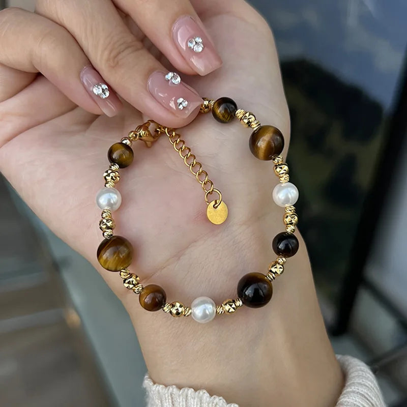 Stainless Steel Natural Tiger Eye Stone Bracelet For women Pearl Indian Style Necklaces and Bracelets Handmade Ethnic Jewel