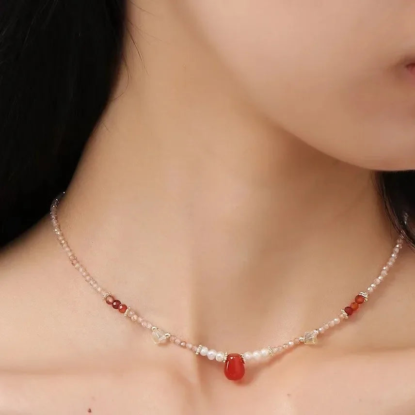 Natural Pearls Necklaces Bracelets Set Women Girls Black Crystal Agate Lazurite Zircon Collarbone Chain Necklace Jewelry Gift