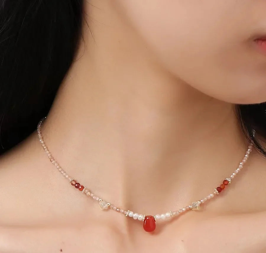 Natural Pearls Necklaces Bracelets Set Women Girls Black Crystal Agate Lazurite Zircon Collarbone Chain Necklace Jewelry Gift