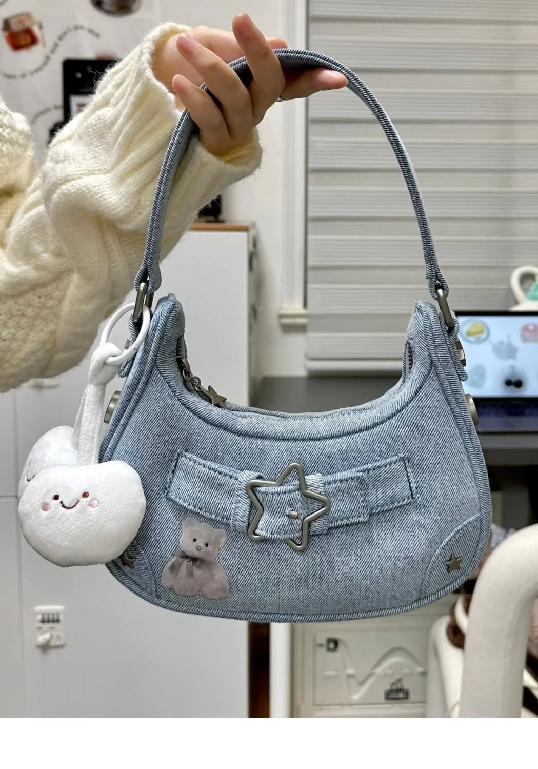 Handbag, women's small bag, mobile phone bag new high-end feeling, autumn retro denim star girl shoulder bag niche hand bag