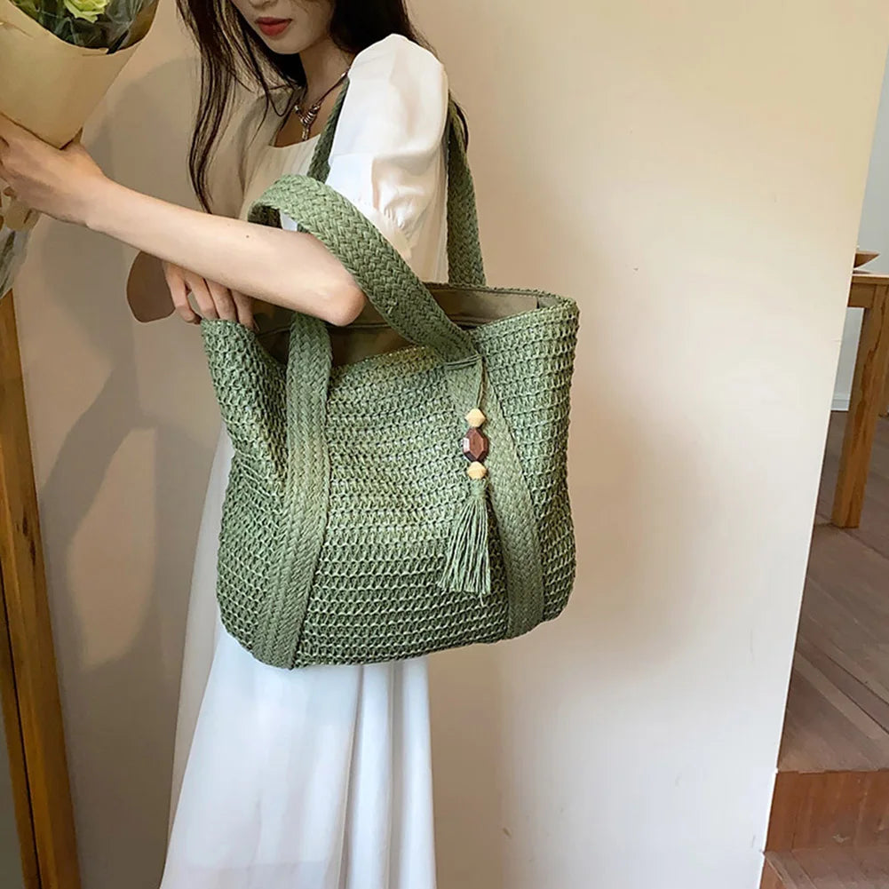 Hand-Woven Handbags Summer Ladies Woven Bag Fashion Handmade Simple Large Capacity with Tassel Pendant Shopping Handbag Tote