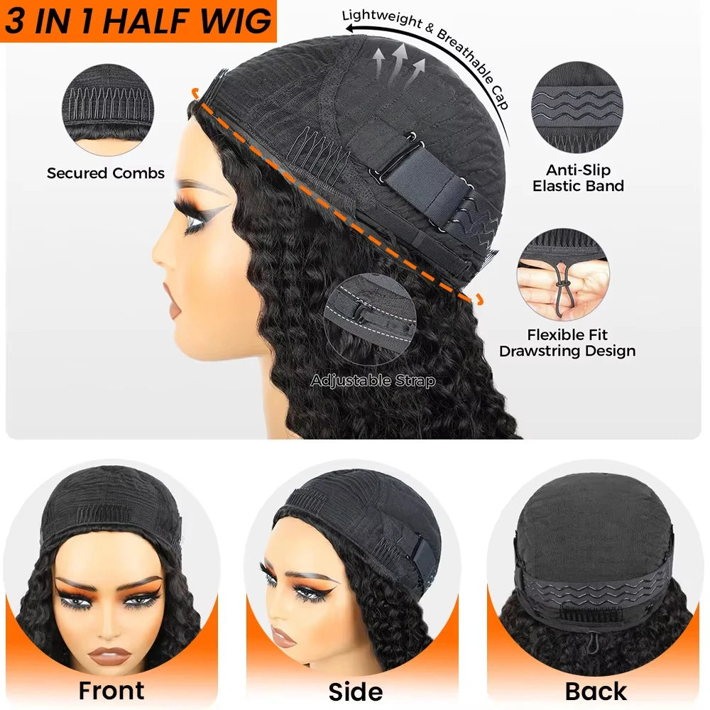 Kinky Curly Human Hair Wig 3 IN 1 Half Wigs Human Hair 250% Density Full Machine Made Clip-in With Drawstring Seamless