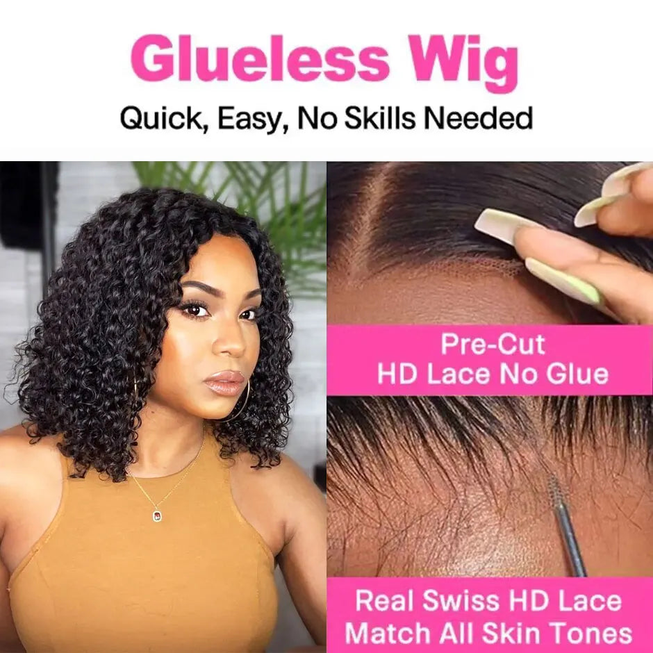 Deep Wave Bob Wig 180% Wear Go Glueless Wig 4x4 Pre-Cut Preplucked Lace Closure Wig Brazilian Deep Curly Human Hair Wigs