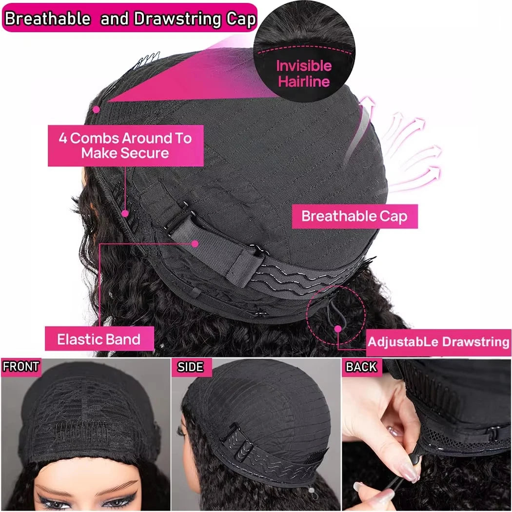 Kinky Curly Human Hair Wig 3 IN 1 Half Wigs Human Hair 250% Density Full Machine Made Clip-in With Drawstring Seamless