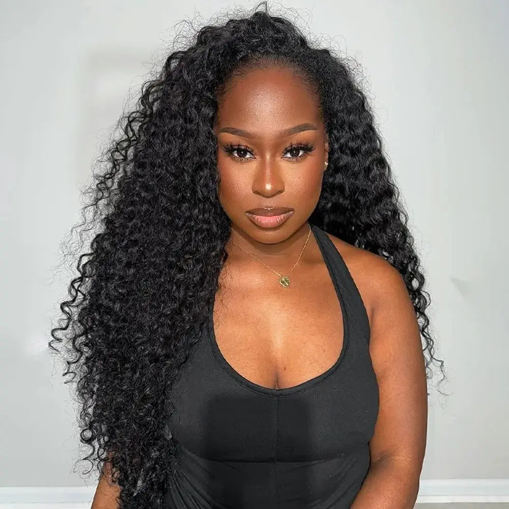 Kinky Curly Human Hair Wig 3 IN 1 Half Wigs Human Hair 250% Density Full Machine Made Clip-in With Drawstring Seamless