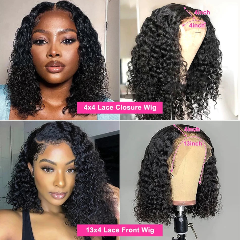 Brazilian 100% Human Deep Curly Bob Hair Wigs Natural Black Color Deep Wave HD Lace Front Wigs 13x4 Transparent Lace Frontal Wig