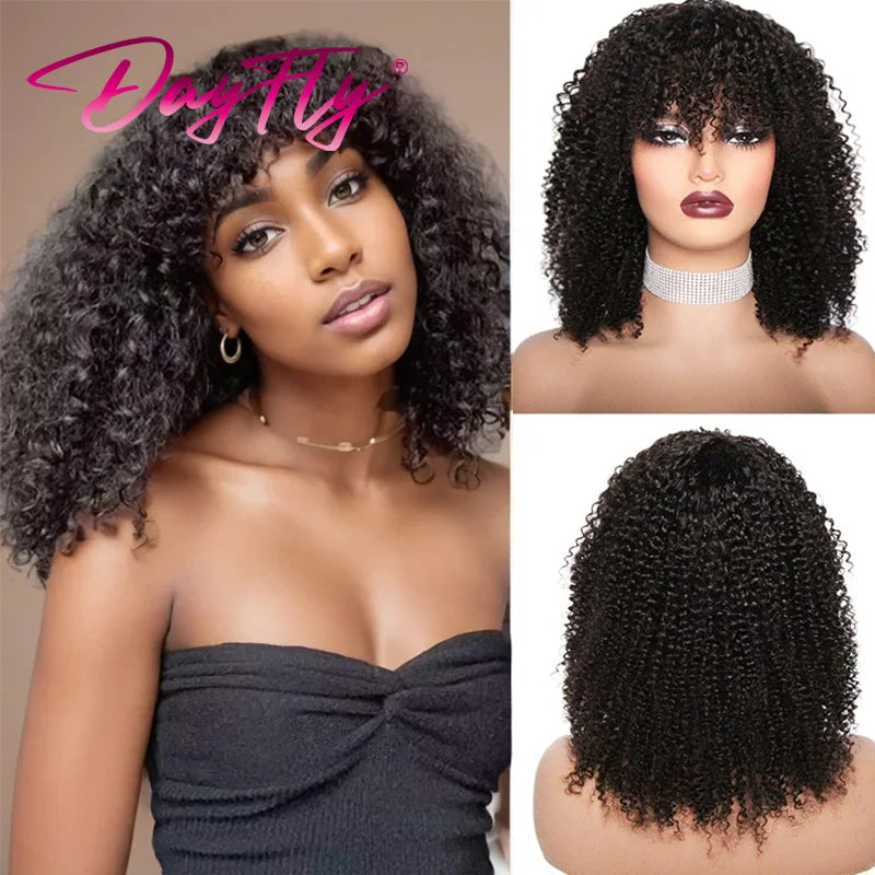 Human Hair Curly Wig With Bangs Natural Brazilian Hair Wigs For Women Short Curly Bob Wigs With Fringe 180% D Full Machine Wigs