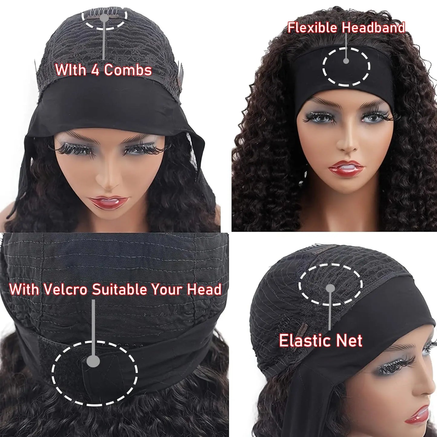 YAVIDA Curly Headband Wig Human Hair 10-24 Curly Hair Headband Wig Indian Virgin Machine Made  Human Hair Wigs With Headband