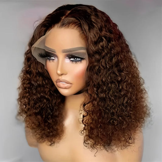 Deep Curly Chocolate Brown 200% Density Bob Wig Wet And Water Wavy Pre Plucked Virgin Hair 13x4 Lace Frontal Human Hair Wigs #4