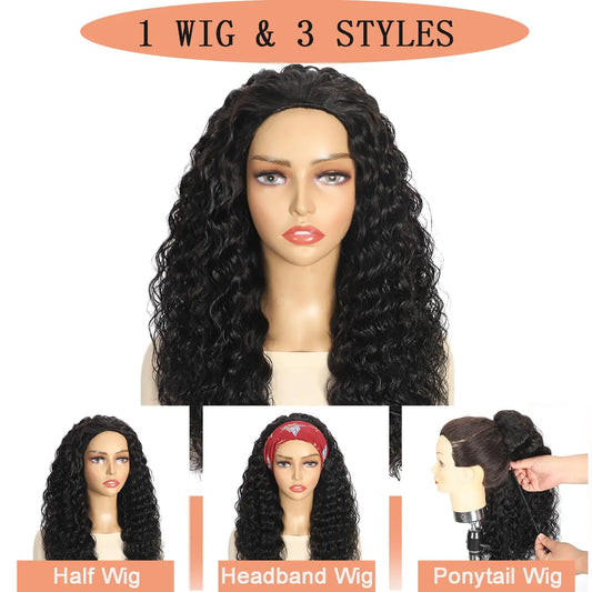 Kinky Curly Human Hair Wig 3 IN 1 Half Wigs Human Hair 250% Density Full Machine Made Clip-in With Drawstring Seamless
