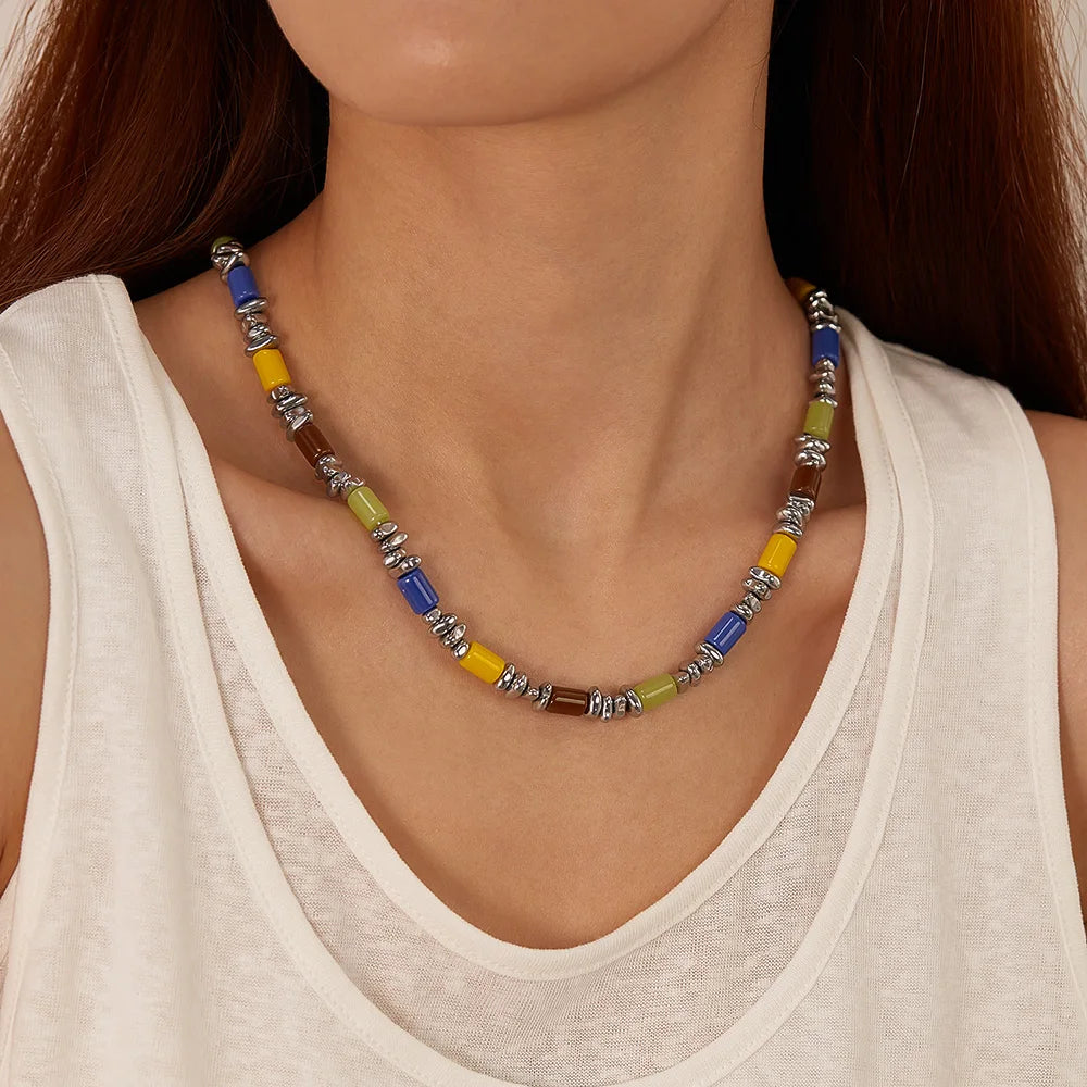 Necklaces and Bracelet Set for Women Beautiful Colorful Hand Chains Fashion Jewelry Stainless Steel Gold Color