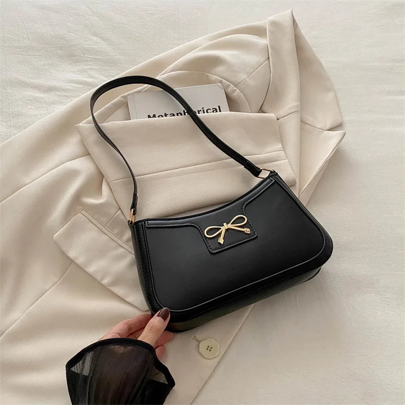 Chic Handbag Shoulder Bag for Women Elegant Underarm Purse with Golden-Tone Bow Detail, PU Material, Perfect for Everyday Use