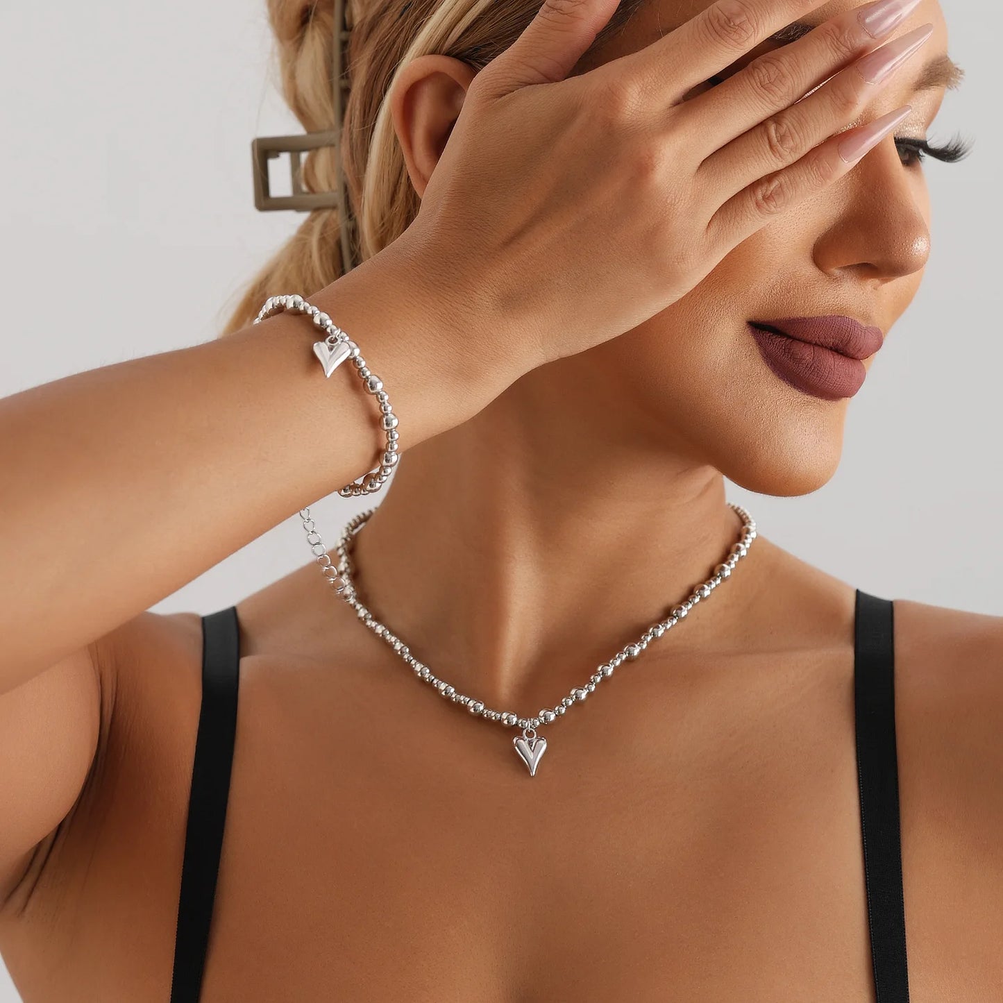 New Heart Beaded Necklace Bracelet Ring Women Boho Crystal Class Gravel Clavicle Chain Cool Y2K Choker Exquisite Fashion Jewelry
