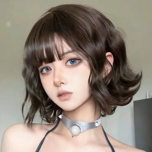 32m Synthetic Short Curly Hair Wig for Women Natural Wavy Wig with Air Bangs Fashionable Full Head Wig Cosplay Curly Hair Female