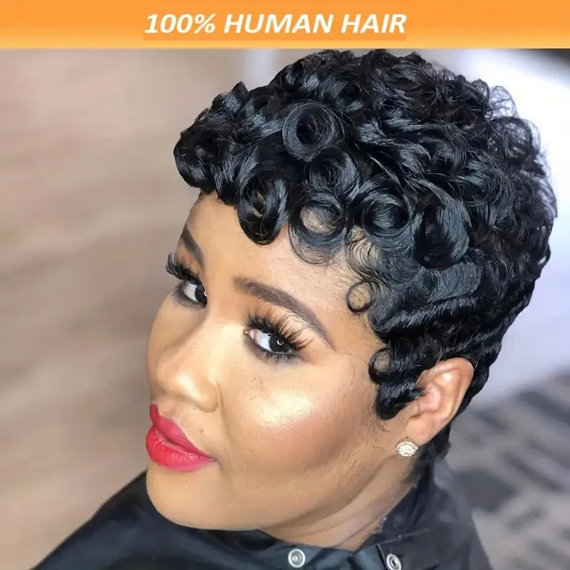 Curly 100% Human Hair Wigs Brazilian Remy Hair Pixie Cut Wigs Human Hair For Women Full Machine Made Wigs 150% Natural Color