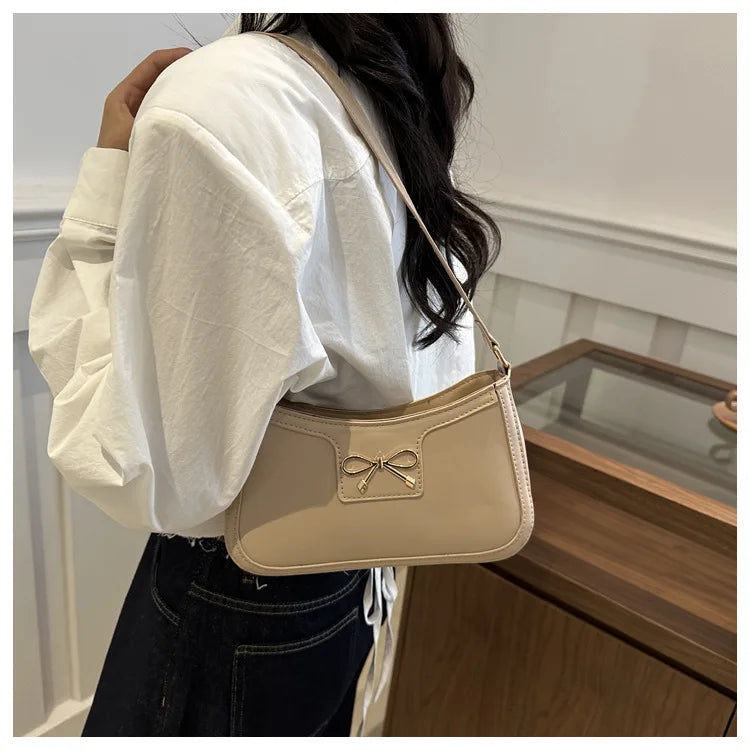 Chic Handbag Shoulder Bag for Women Elegant Underarm Purse with Golden-Tone Bow Detail, PU Material, Perfect for Everyday Use