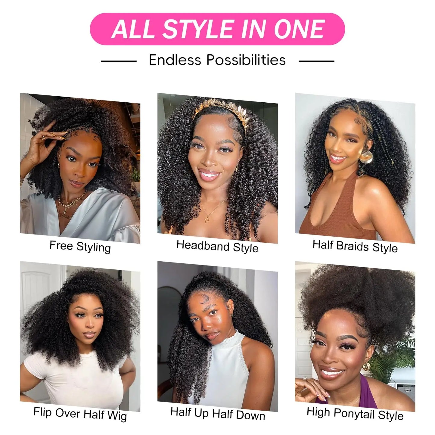 Kinky Curly Human Hair Wig 3 IN 1 Half Wigs Human Hair 250% Density Full Machine Made Clip-in With Drawstring Seamless