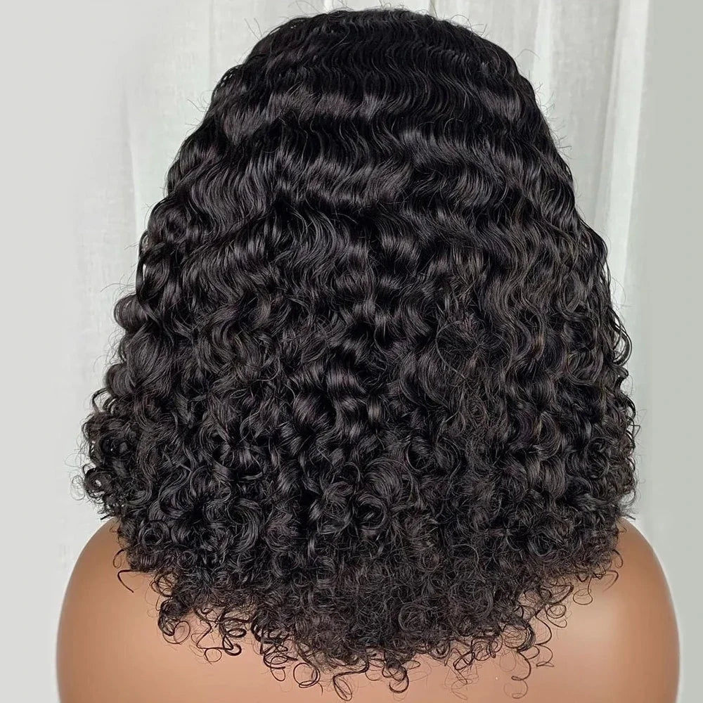 Brazilian 100% Human Deep Curly Bob Hair Wigs Natural Black Color Deep Wave HD Lace Front Wigs 13x4 Transparent Lace Frontal Wig
