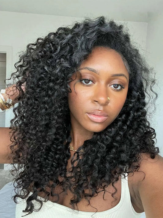 Kinky Curly Human Hair Wig 3 IN 1 Half Wigs Human Hair 250% Density Full Machine Made Clip-in With Drawstring Seamless