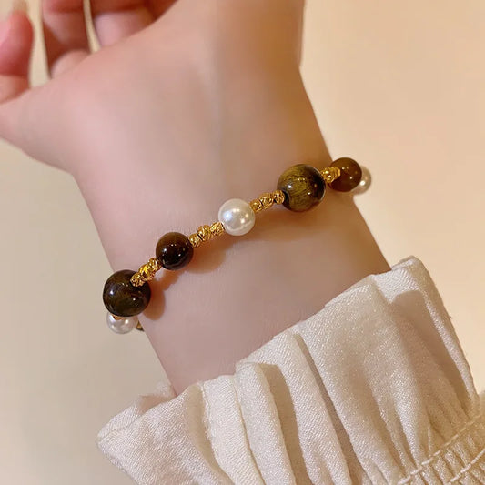 Stainless Steel Natural Tiger Eye Stone Bracelet For women Pearl  Indian Style Necklaces and Bracelets Handmade Ethnic Jewel